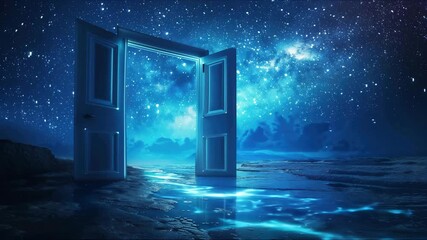 Mystical space with open door floating above the water at night