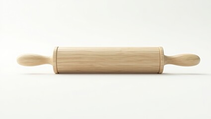 A light brown wooden rolling pin lies on a white surface.