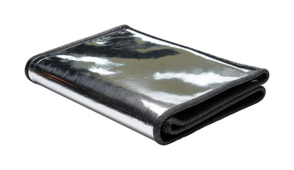 Reflective silver wallet with durable material and sleek design isolated on transparent background, png