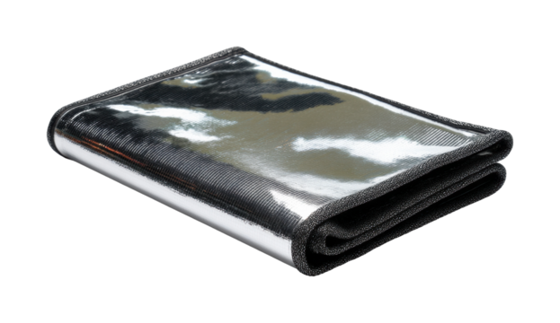 Reflective silver wallet with durable material and sleek design isolated on transparent background, png