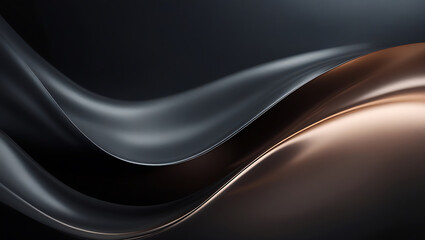 Dark Moody Abstract Background with Flowing Undulating Ribbons in Charcoal Grey and Black, Metallic Copper Accents, Satin Texture, Dramatic Lighting, Minimalist Elegant Composition with Depth