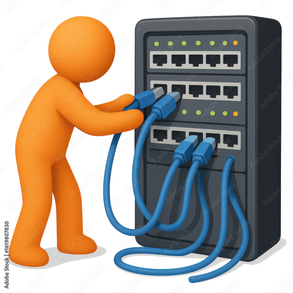 Poster support technical system administration concept. an orange figure connecting cables to a network swi