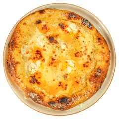 Golden four cheese pizza with bubbling melted layers of mozzarella, gorgonzola, ricotta, and parmesan on a rustic crust. isolated on white background. top view
