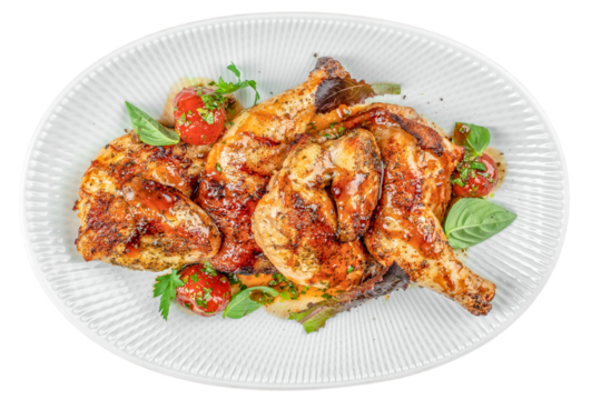 Grilled chicken quarters glazed with savory herbs and sauce, served with cherry tomatoes and fresh basil on a white plate isolated on white background. top view.