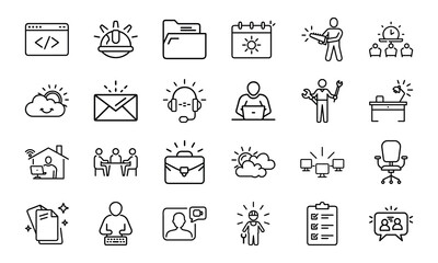 An icon pack featuring a diverse range of outline symbols for business, technology, productivity, and professional services.