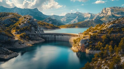 Experience the breathtaking view of a serene waterfall cascade at a dam, beautifully surrounded by lush greenery