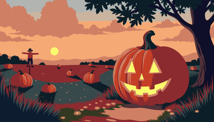 Bright jack-o'-lantern in pumpkin patch under sunset for Halloween  