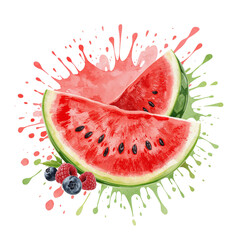 Vibrant watermelon slices splashing freshness with berry accents against a clean backdrop