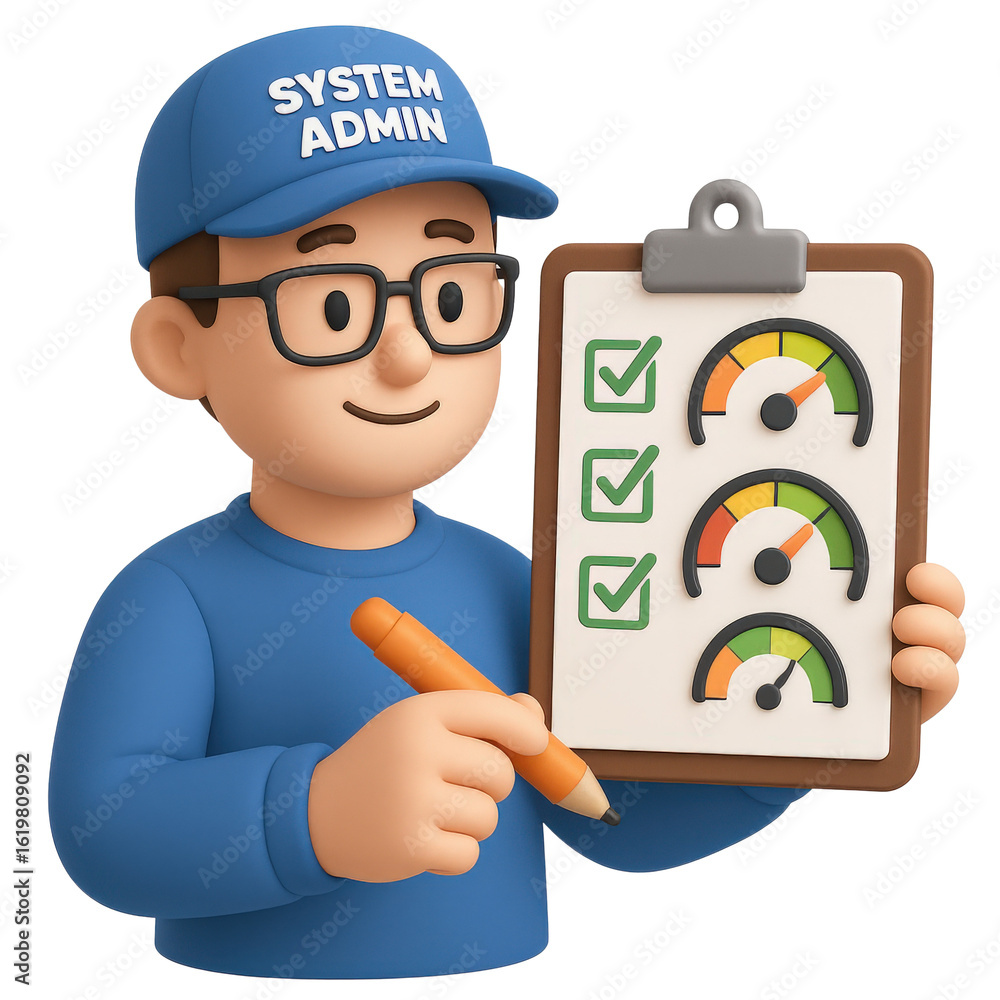 Poster support technical system administration concept. a cartoon character holding a clipboard with perfor