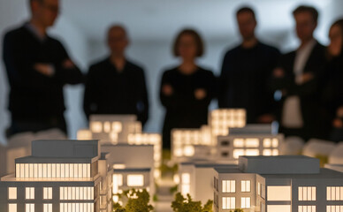 Vue rapprochée de maquettes de bâtiments modernes avec des professionnels en discussion à l'arrière-plan
