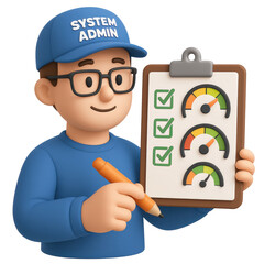 support technical system administration concept. A cartoon character holding a clipboard with performance indicators.