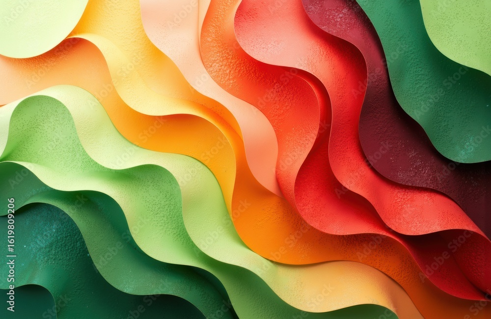Poster colorful layered paper sheets creating abstract wavy pattern with vibrant hues