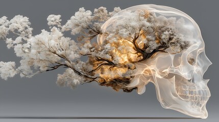 Surreal fusion of a transparent human skull and blossoming trees with golden light, symbolizing the harmony of life and death