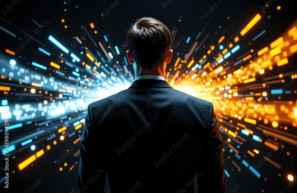 Aufkleber a man in a suit facing away with dynamic colorful light streaks creating a futuristic atmosphere