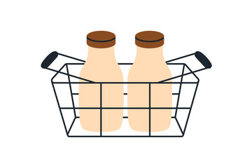 Milk, glass bottles in shopping basket. Fresh farm dairy drink, milky beverages, purchase, healthy organic food. Kefir, protein in packagings. Flat vector illustration isolated on white background