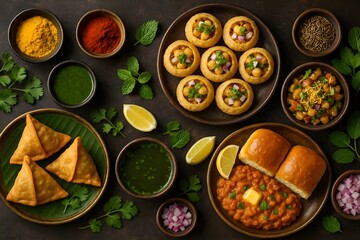 Traditional Indian Street Food Platter with Chaat and Samosas