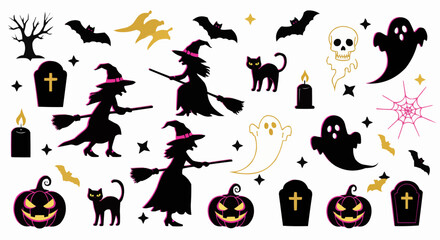 A collection of spooky Halloween themed illustrations.
