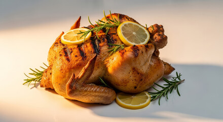 Illustration of roasted chicken with lemon and rosemary on white background