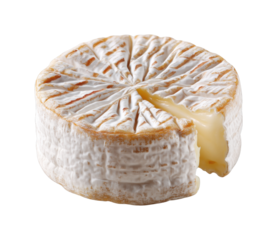 Aged round brie cheese with creamy texture and rind isolated on transparent background, png