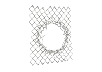 Damaged chain-link wire mesh fence section with large irregular hole, bent wires, rust, and corrosion, isolated on transparent shadowless background, professional product photography concept