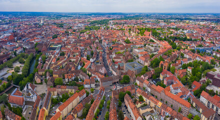 Aerial panoramic view around the old town of the city Nuremberg  in Germany on a sunny spring day