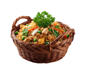Woven basket with fried rice garnished with parsley and mixed vegetables isolated on transparent background, png