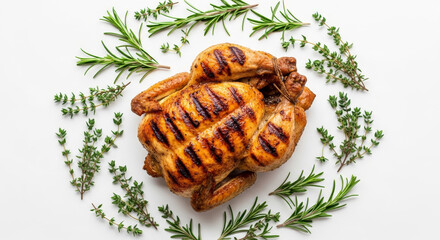 Illustration of roasted chicken with herbs isolated on white background, top view