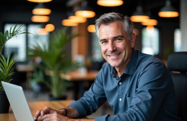 Fototapeta premium A smiling middle-aged man works on a laptop in a modern office environment
