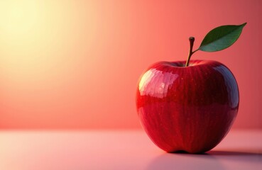 A ripe red apple with a green leaf on a soft pink background
