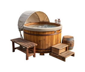 Outdoor wooden hot tub with canopy and steps for relaxation and comfort isolated on transparent background, png