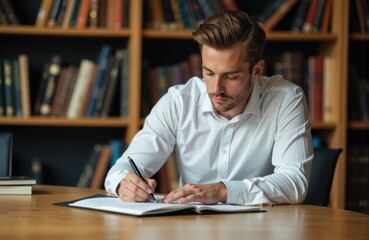Man reading book in library with wooden shelves filled with books
