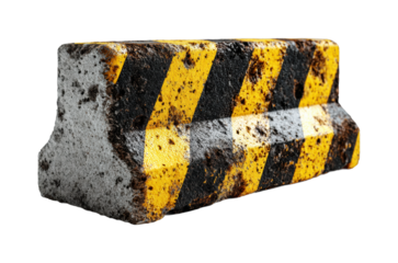 Weathered traffic barrier with yellow black stripes and rust patterns isolated on transparent background, png