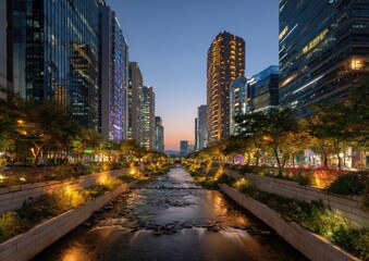 Obraz premium Cityscape at dusk, stream flowing between illuminated buildings and landscaped banks