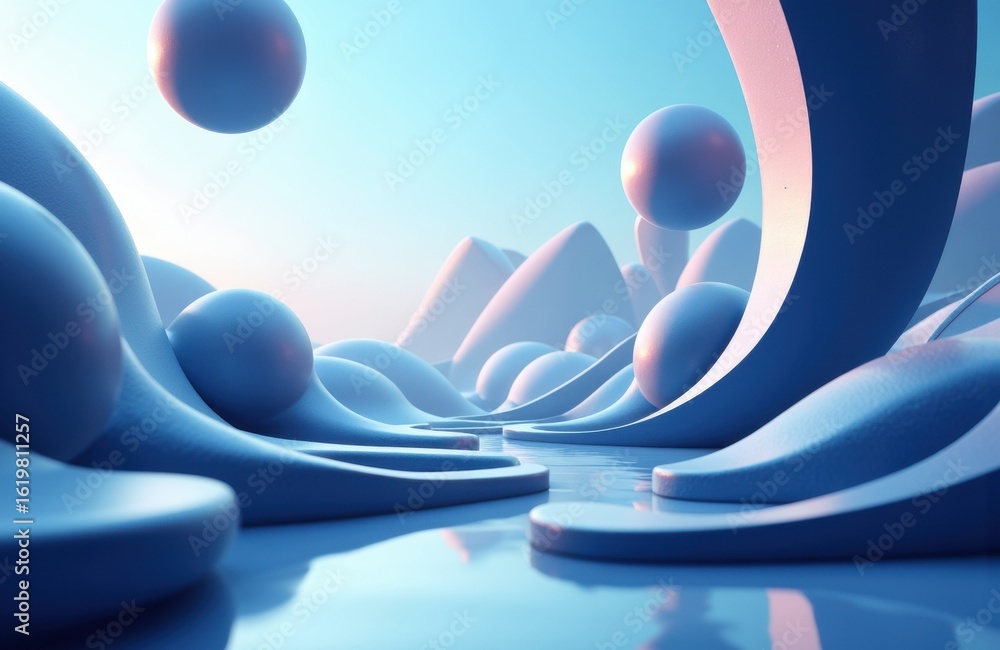 Poster colorful abstract landscape with smooth shapes and floating spheres in a futuristic setting
