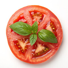 Illustration of overhead view of a tomato slice with basil isolated on white background