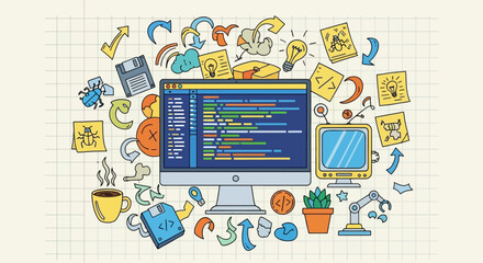 Fototapeta premium Computer screen displaying code surrounded by hand-drawn icons representing software development and problem-solving.