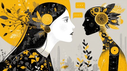 Stylized illustration of human and AI robot face to face with botanical and mechanical motifs in yellow and black theme