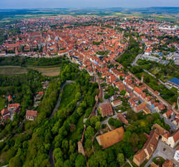  Aerial panoramic view around the old town of the city Rothenburg ob der Tauber in Germany on a...