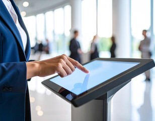 Close-up of fingers scrolling on a touchscreen podium devic