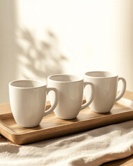 Fototapeta premium Three blank mugs with matte finish on a wooden tray with warm neutral background. Even lighting and neat arrangement perfect for product presentation