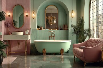 Vintage bathroom with mint green bathtub, soft pink tiles and art deco lighting for elegant retro interior style