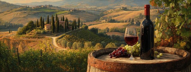 Tuscan landscape with wine barrel, glass, and grapes at sunset