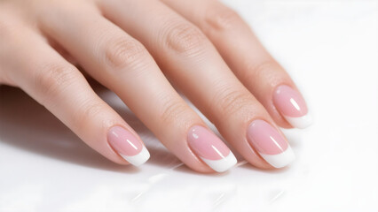 Naklejka premium Ultra close-up of French-manicured nails with glossy white tips and pink base.