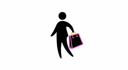 A minimalistic illustration of a person joyfully walking with a shopping bag.