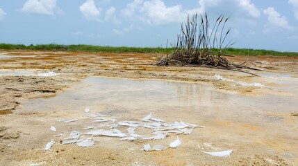 White feathers scattered on a muddy salt flat near a small puddle and grass under a bright summer sky with soft clouds