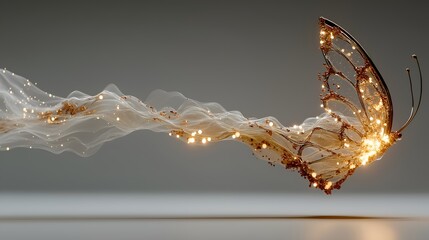 Futuristic glowing butterfly made of lights and particles floating in a minimalist neutral space background