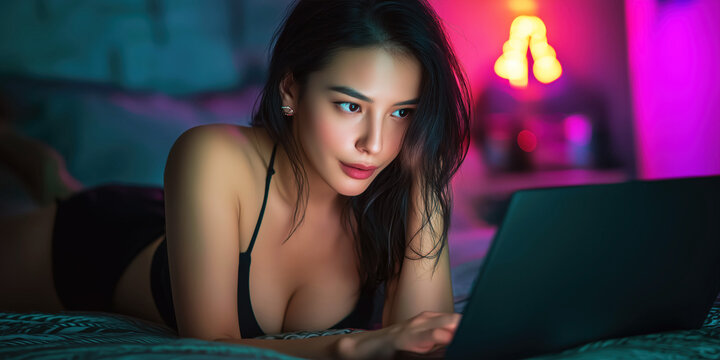 Beautiful sexy young Asian girl webcam model in lingerie chats and sexting online on laptop lying on bed in bedroom
