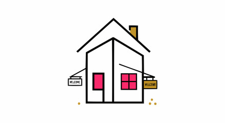 A minimalist illustration of a welcoming home with a friendly sign.