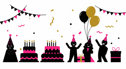 A fun birthday party scene with silhouettes of cake, balloons, and festive decorations.