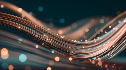 Digital wave of glowing lines and colorful bokeh lights forming an abstract fiber optic stream with smooth curves